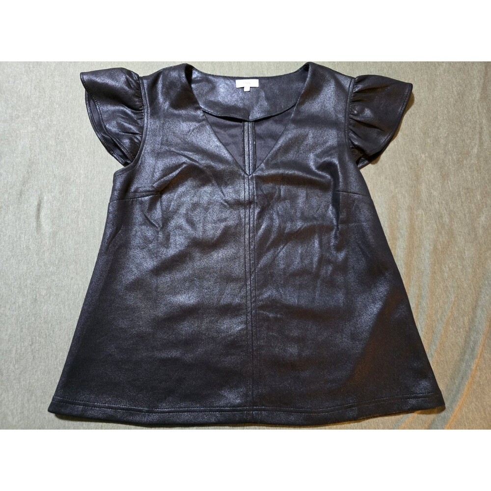 Voy Faux Leather Flutter Sleeve Sz Small Blouse V Neck Chic Classic Sueded